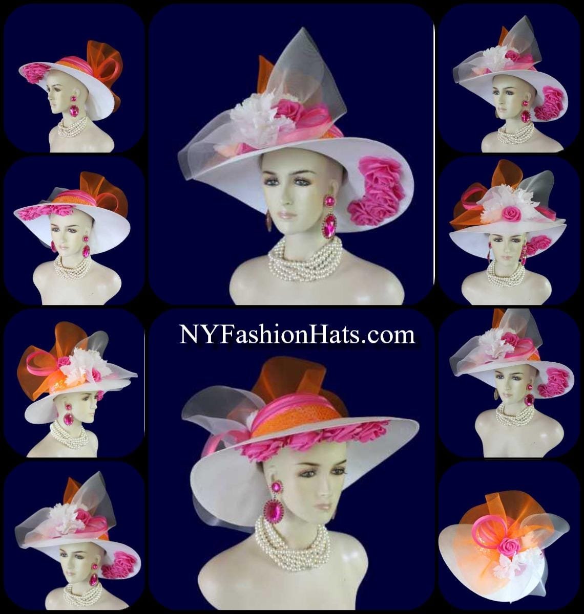Haute Couture White Hot Pink Wide Brim Designer Fashion Hat, Formal Dress Church Hats, Kentucky Derby Hats, Avant Garde Wedding Bridal Ha