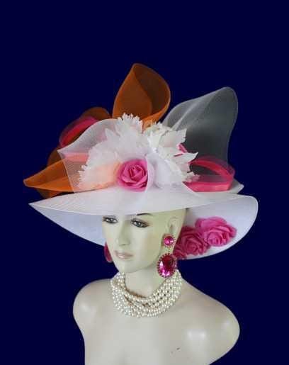 Ladies White Hot Pink Orange Wide Brim Designer Fashion Hat, Satin Straw Mother Of The Bride Hat, Avant Garde, Haute Couture Wedding Bridal - Image 14