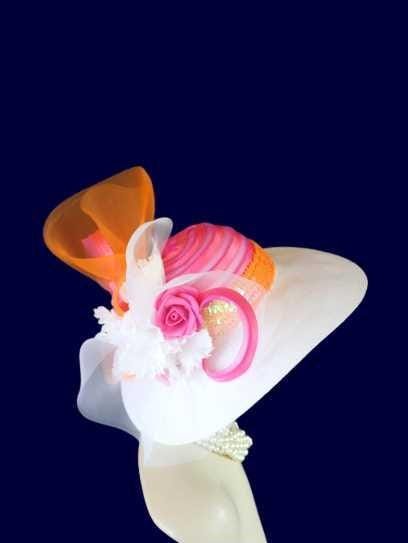 Ladies White Hot Pink Orange Wide Brim Designer Fashion Hat, Satin Straw Mother Of The Bride Hat, Avant Garde, Haute Couture Wedding Bridal - Image 10