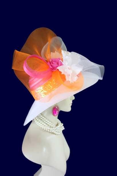 Ladies White Hot Pink Orange Wide Brim Designer Fashion Hat, Satin Straw Mother Of The Bride Hat, Avant Garde, Haute Couture Wedding Bridal - Image 17
