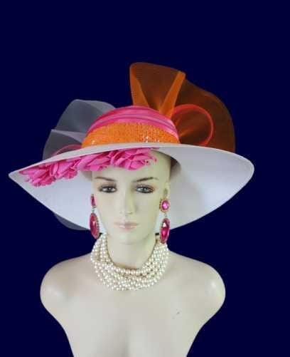 Ladies White Hot Pink Orange Wide Brim Designer Fashion Hat, Satin Straw Mother Of The Bride Hat, Avant Garde, Haute Couture Wedding Bridal - Image 18