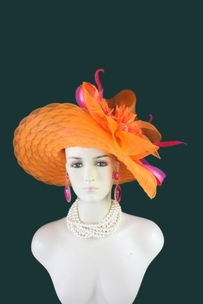 Haute Couture Orange Hot Pink Wide Brim Designer Fashion Hat, Formal Dress Church Hats, Kentucky Derby Hats, Avant Garde, Wedding Bridal Hat - Image 4