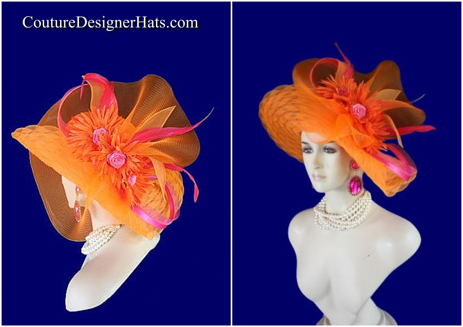 Ladies Orange And Hot Pink Large Brimmed Formal Hat For Wedding Guest
