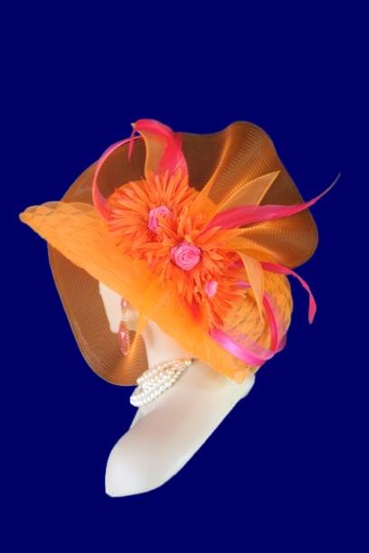 Haute Couture Orange Hot Pink Wide Brim Designer Fashion Hat, Formal Dress Church Hats, Kentucky Derby Hats, Avant Garde, Wedding Bridal Hat - Image 9