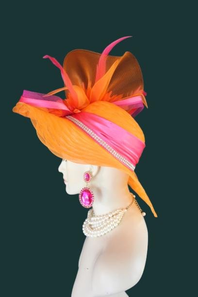 Haute Couture Orange Hot Pink Wide Brim Designer Fashion Hat, Formal Dress Church Hats, Kentucky Derby Hats, Avant Garde, Wedding Bridal Hat - Image 12