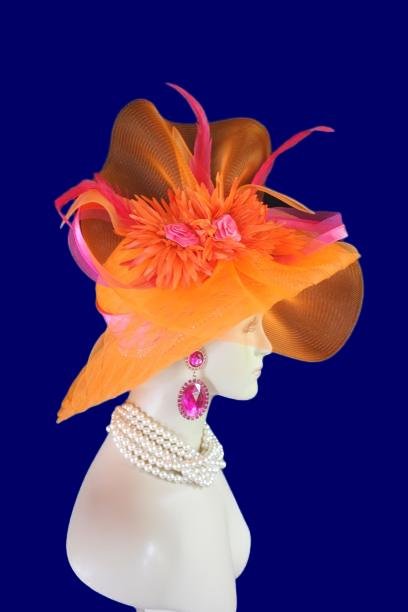 Orange Kentucky Derby Hats, Haute Couture Designer Hats, Avant Garde Hats, Orange Hot Pink Green, Hats For Wedding Guests, Bridesmaid Bridal Hats Headpiece Fascinator, Mother Of The Bride Hats, Ladies Fashion Hats, Church Hats, NYFashionHats.com, Wide Brimmed Hat, Dress Hats For Women, Luxury Hats For Women, Formal Hats, Large Brim Hat, Big Brimmed Dress Hats, Hats For Horse Races, Hats Womens, Easter Hats, couturedesignerhats.com, womensdesignerhats.com, hatsdesigner.com, nydesignerhats.com