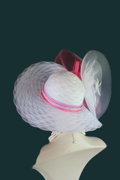 Haute Couture White Hot Pink Wide Brim Designer Fashion Hat, Formal Dress Church Hats, Kentucky Derby Hats, Avant Garde Wedding Bridal Hat - Image 4