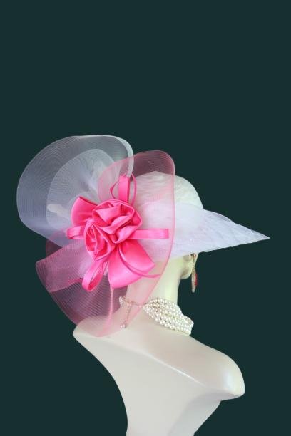 Haute Couture White Hot Pink Wide Brim Designer Fashion Hat, Formal Dress Church Hats, Kentucky Derby Hats, Avant Garde Wedding Bridal Hat - Image 14