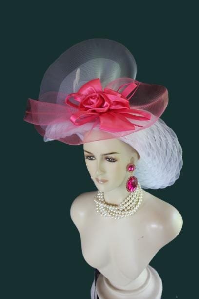 Haute Couture White Hot Pink Wide Brim Designer Fashion Hat, Formal Dress Church Hats, Kentucky Derby Hats, Avant Garde Wedding Bridal Ha