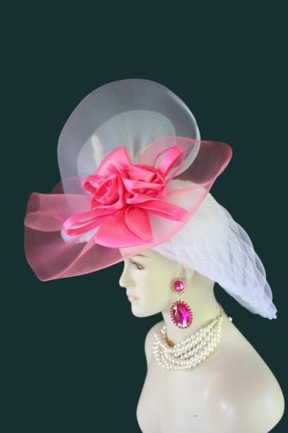 Haute Couture White Hot Pink Wide Brim Designer Fashion Hat, Formal Dress Church Hats, Kentucky Derby Hats, Avant Garde Wedding Bridal Hat - Image 17