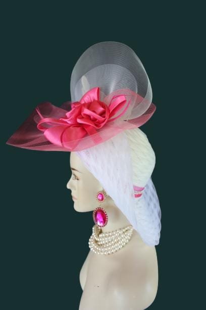 Haute Couture White Hot Pink Wide Brim Designer Fashion Hat, Formal Dress Church Hats, Kentucky Derby Hats, Avant Garde Wedding Bridal Hat - Image 19