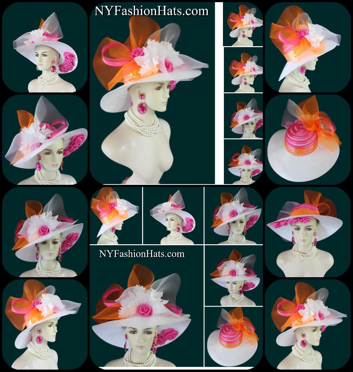 Ladies White Hot Pink Orange Wide Brim Designer Fashion Hat, Satin Straw Mother Of The Bride Hat, Avant Garde, Haute Couture Wedding Bridal - Image 3