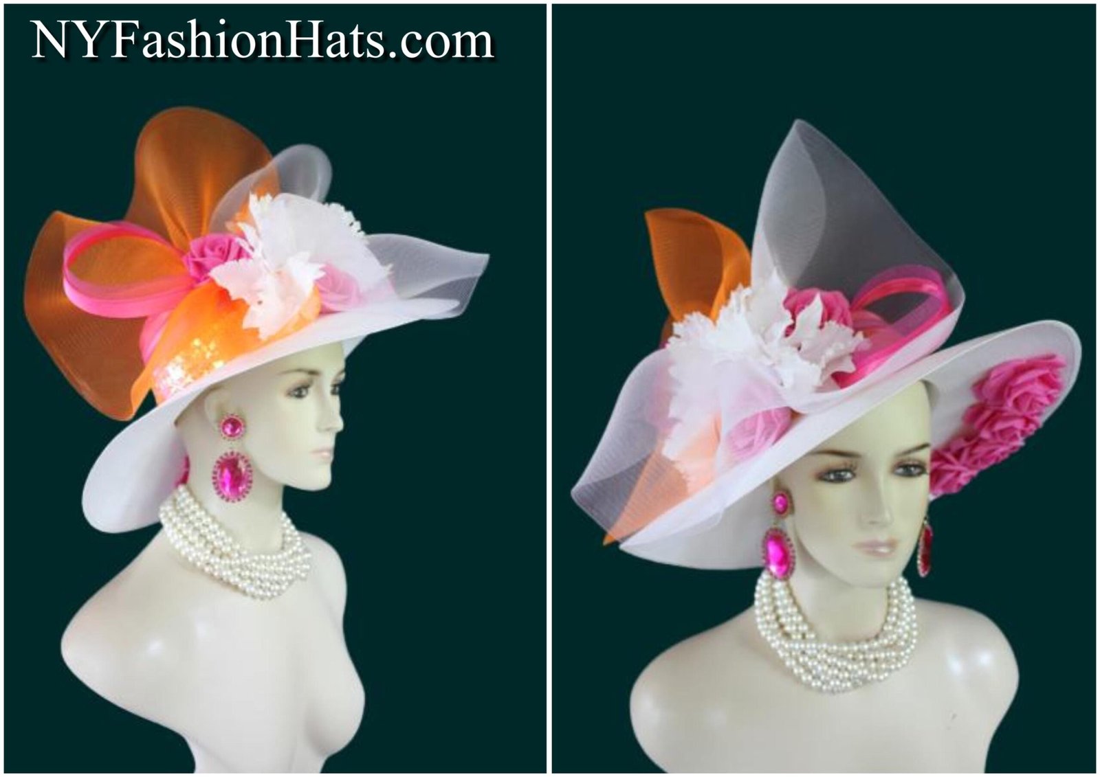 Ladies White Hot Pink Orange Wide Brim Designer Fashion Hat, Satin Straw Mother Of The Bride Hat, Avant Garde, Haute Couture Wedding Bridal - Image 4