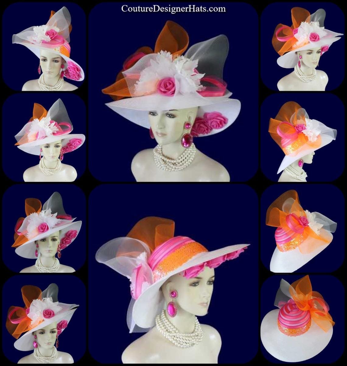 Ladies White Hot Pink Orange Wide Brim Designer Fashion Hat, Satin Straw Mother Of The Bride Hat, Avant Garde, Haute Couture Wedding Bridal - Image 9
