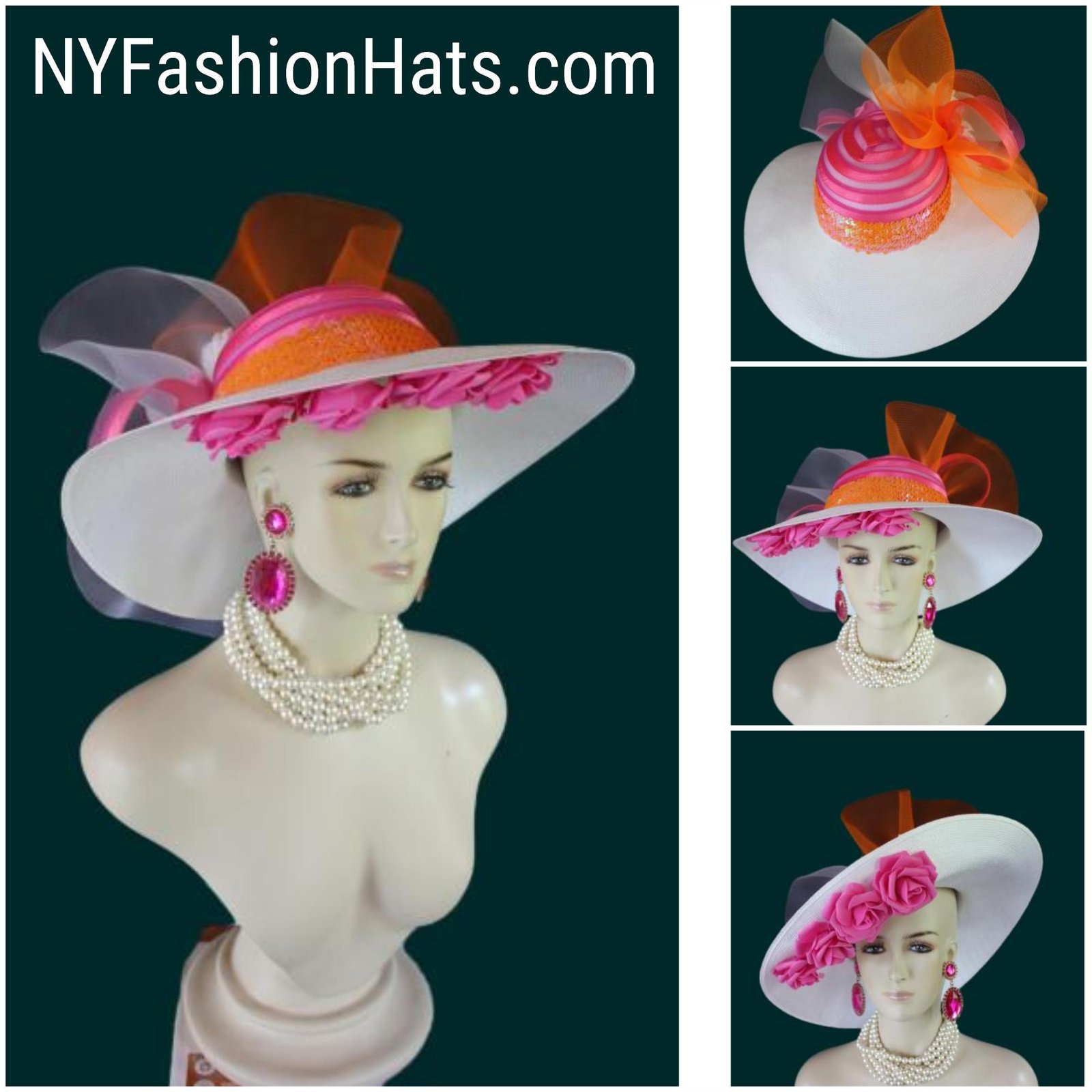 Haute Couture White Hot Pink Wide Brim Designer Fashion Hat, Formal Dress Church Hats, Kentucky Derby Hats, Avant Garde Wedding Bridal Ha