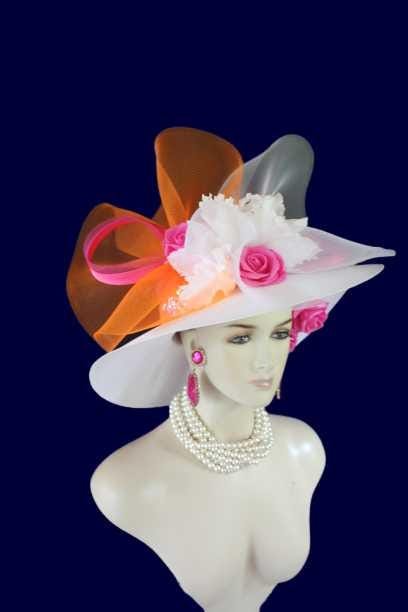 Ladies White Hot Pink Orange Wide Brim Designer Fashion Hat, Satin Straw Mother Of The Bride Hat, Avant Garde, Haute Couture Wedding Bridal - Image 13