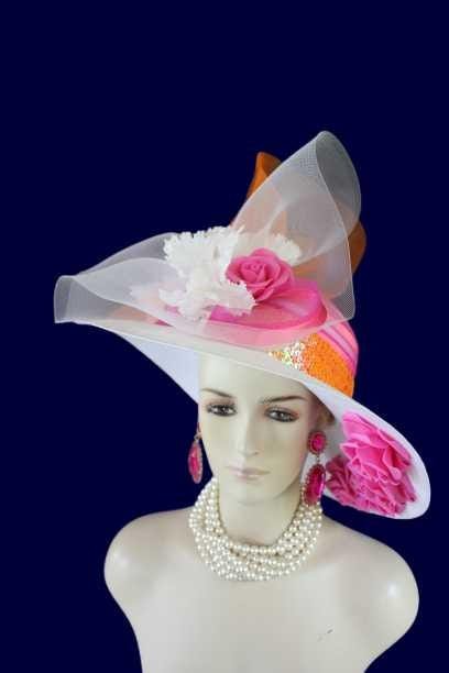 Ladies White Hot Pink Orange Wide Brim Designer Fashion Hat, Satin Straw Mother Of The Bride Hat, Avant Garde, Haute Couture Wedding Bridal - Image 15