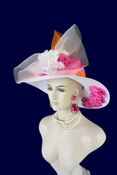 Ladies White Hot Pink Orange Wide Brim Designer Fashion Hat, Satin Straw Mother Of The Bride Hat, Avant Garde, Haute Couture Wedding Bridal - Image 19